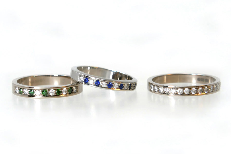 Green & White Diamond & Sapphire Pave Set Wedding & Eternity Rings