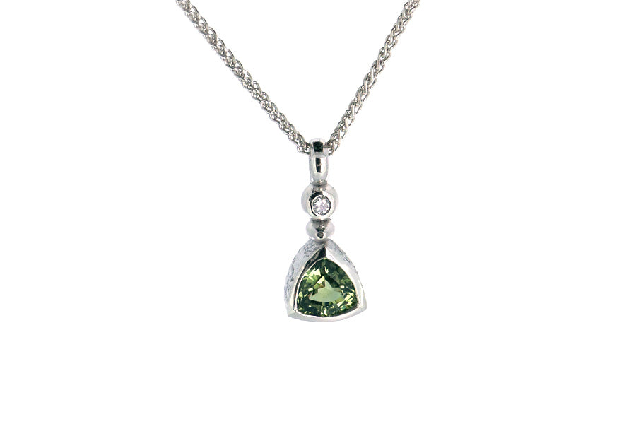 Short Trillion Green Sapphire & Diamond 9ct White Gold Pendant