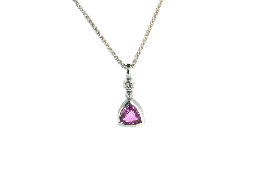 Short Trillion Pink Sapphire & Diamond 9ct White Gold Pendant