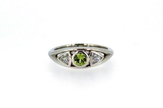 Three Stone Round Tsavorite & Trillion Cut Diamond Platinum Ring