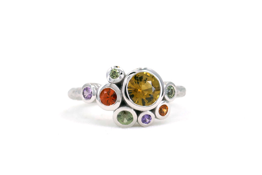 Eight Round Mixed Coloured Stone White Gold Cluster Ring