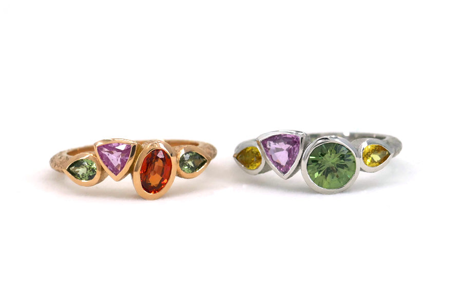 Mixed Shaped Multi-Coloured Sapphire 18ct Red Gold & Platinum Rings