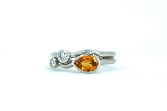 Platinum Multi-Wave Ring with Pear Orange Sapphire & Round Brilliant Cut Diamonds