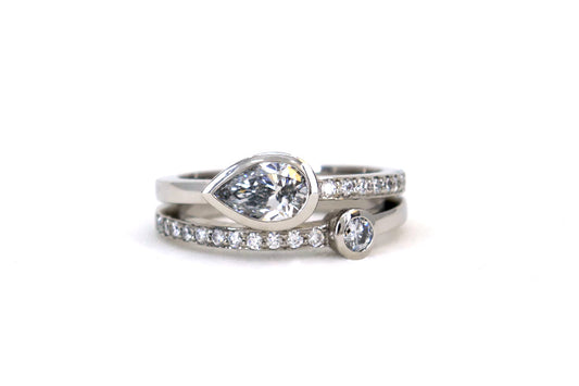 Pear & Round Diamond Pave Set Double Band Platinum Ring Design
