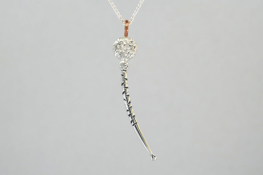 Notch Pattern Curved Bar & Bead Silver Necklace