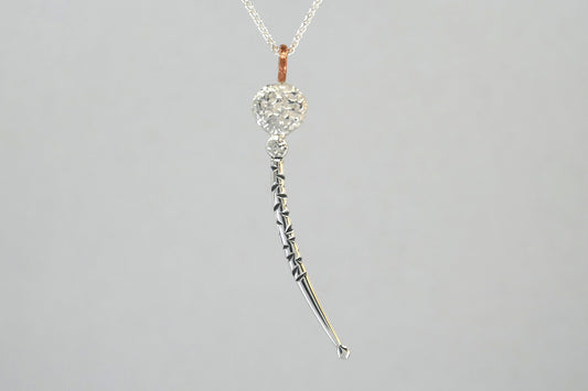 Notch Pattern Curved Bar & Bead Silver Necklace