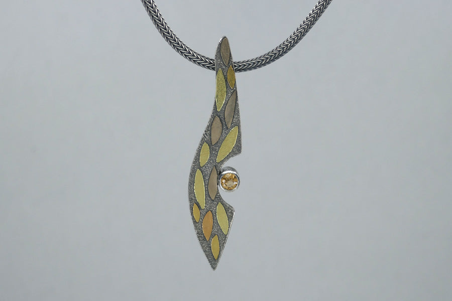 Leaf Design Yellow Topaz Silver & 18ct Multi-Coloured Gold Necklace