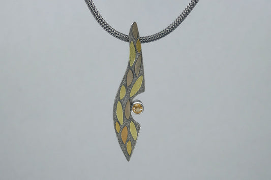 Leaf Design Yellow Topaz Silver & 18ct Multi-Coloured Gold Necklace