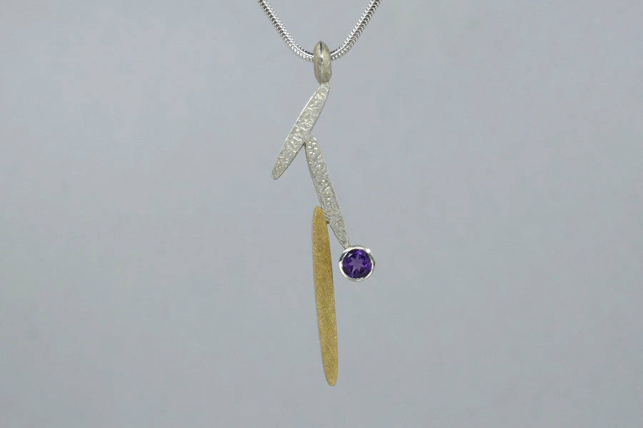 Amethyst Leaf Design Silver & 18ct Gold Necklace