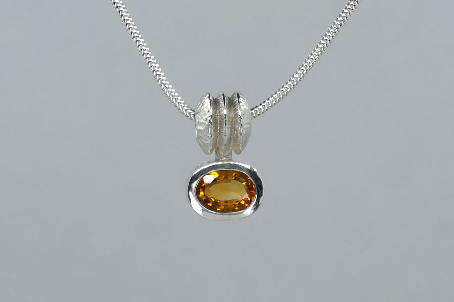 Oval Citrine Triple Bead Design Silver Necklace