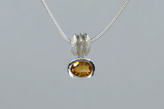 Oval Citrine Triple Bead Design Silver Necklace