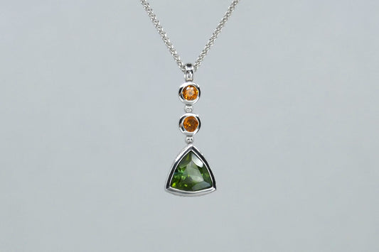 Short Trillion Green Tourmaline & Orange Sapphire 9ct White Gold Pendant