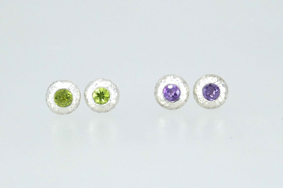 Round Domed Silver Peridot & Amethyst Ear Studs