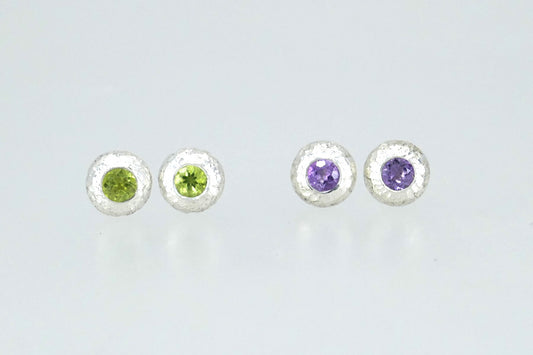 Round Domed Silver Peridot & Amethyst Ear Studs