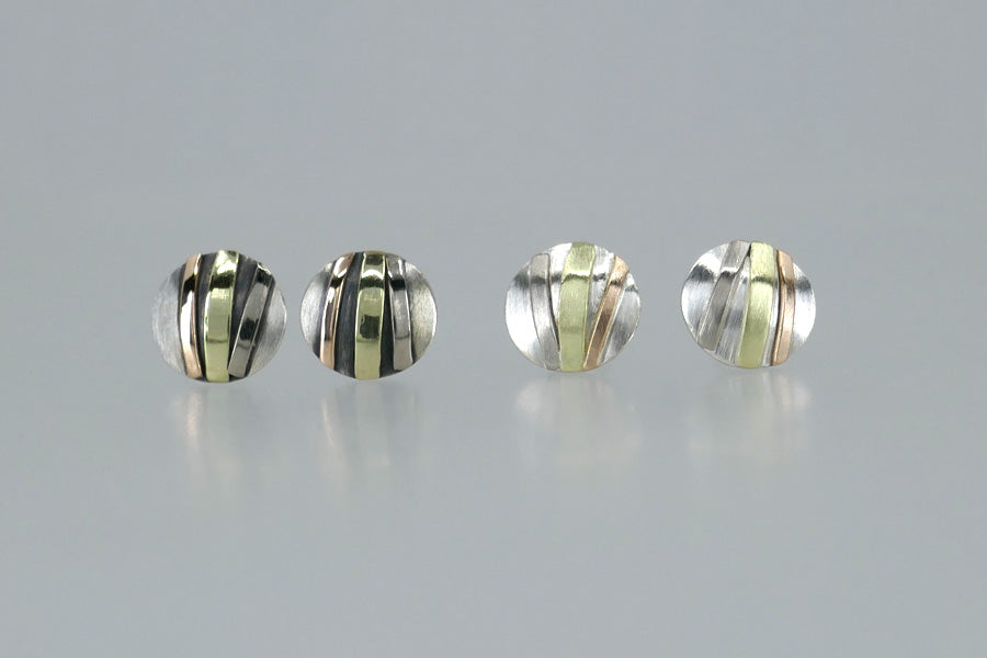 Round Domed Silver & 18ct Gold Striped Ear Studs