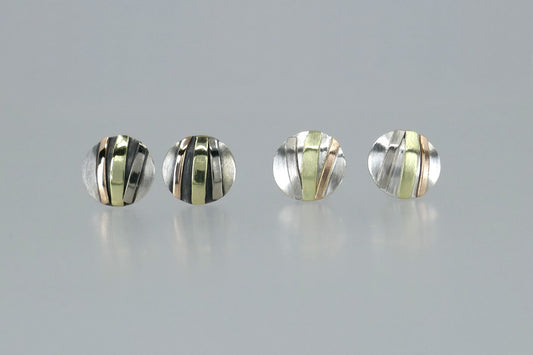 Round Domed Silver & 18ct Gold Striped Ear Studs