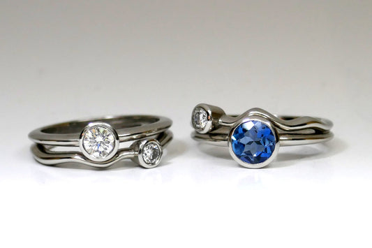 Diamond & Aquamarine Platinum Multi-Wave Rings