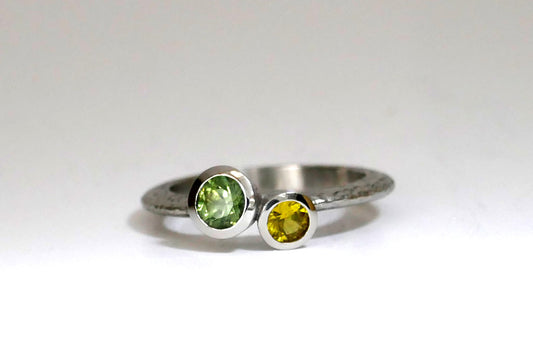 Quirky Two Stone Green & Yellow Sapphire Platinum Ring