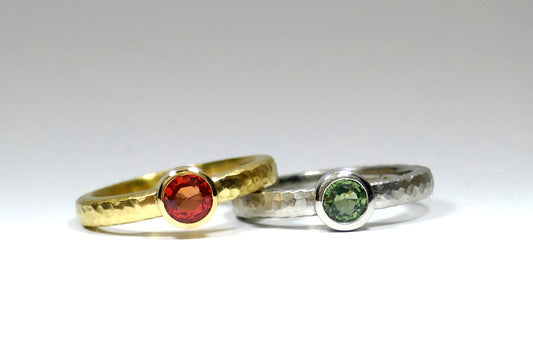 Orange & Green Sapphire Hammered Finished Engagement Rings