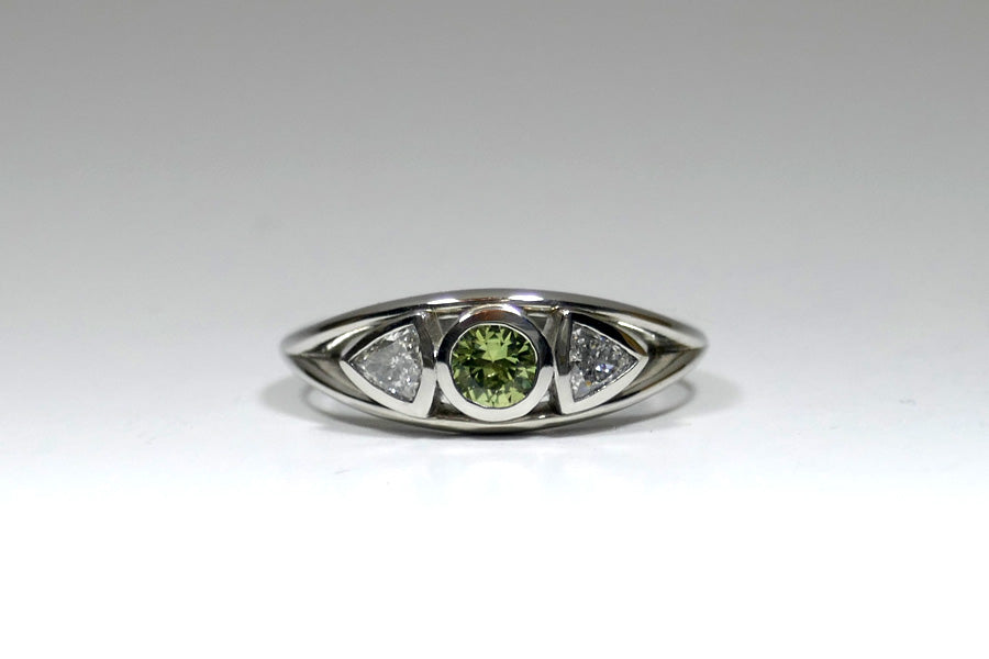 Three Stone Round Tsavorite & Trillion Cut Diamond Platinum Ring
