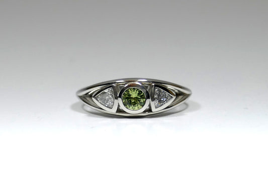 Three Stone Round Tsavorite & Trillion Cut Diamond Platinum Ring
