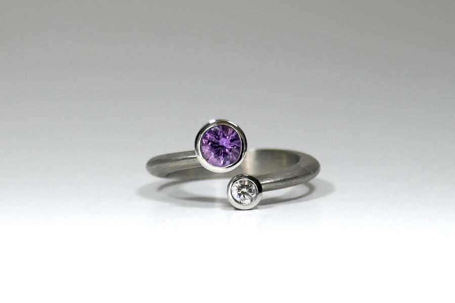 Two Stone Open Platinum Ring Design with Purple Sapphire & Diamond