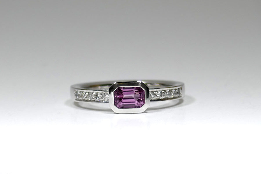 Emerald Cut Pink Sapphire & Pave Set Diamond 18ct White Gold Ring