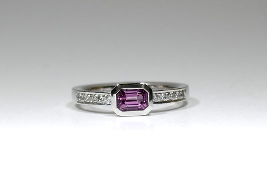 Emerald Cut Pink Sapphire & Pave Set Diamond 18ct White Gold Ring