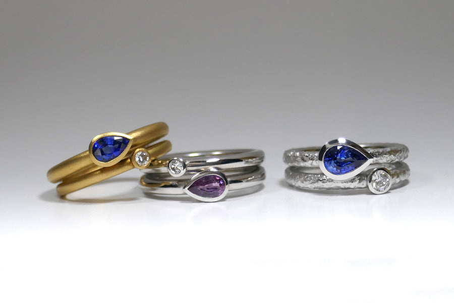 Pear Sapphire & Diamond 18ct Gold Double Band Rings
