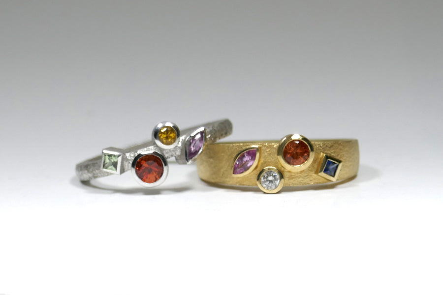 Mixed Stone Shaped Sapphire & Diamond 18ct Gold & Silver Rings
