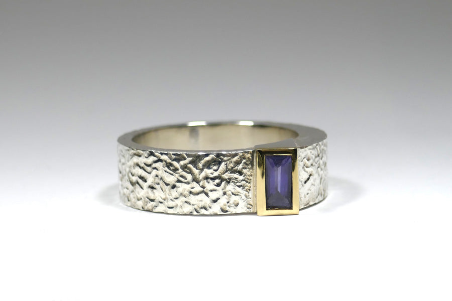 Baguette Iolite Burr Textured Silver & 18ct Gold Ring