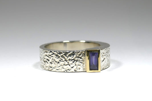 Baguette Iolite Burr Textured Silver & 18ct Gold Ring