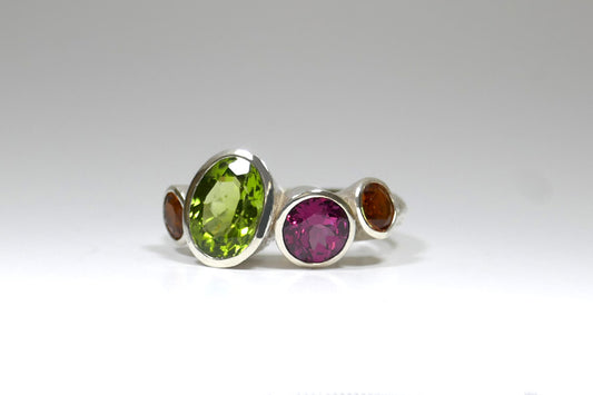 Peridot, Garnet & Citrine Quirky Design Silver Ring
