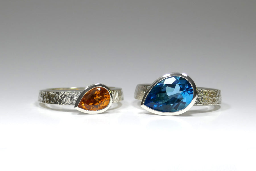 Pear Spessartite Garnet & Blue Topaz Silver Rings
