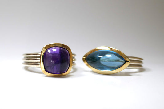 Cushion Amethyst & Marquise Cut Blue Topaz Silver & 18ct Gold Rings