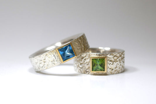 Textured Silver & 18ct Gold Rings with Square Cut Stones