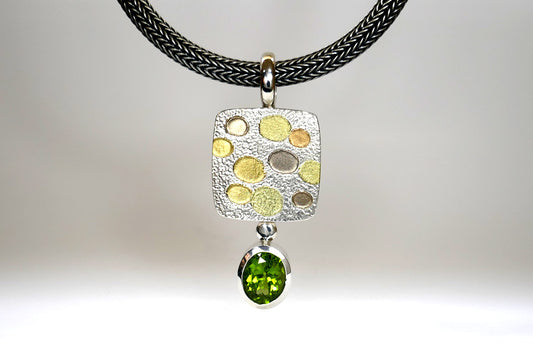 Bubble Design Oval Peridot Silver & 18ct Multi-Coloured Gold Necklace