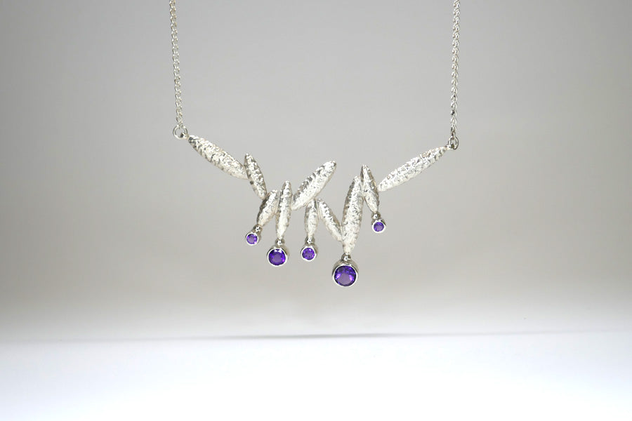 Bead Design Silver & Amethyst Necklace with Burred Pattern