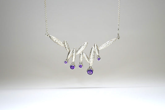 Bead Design Silver & Amethyst Necklace with Burred Pattern
