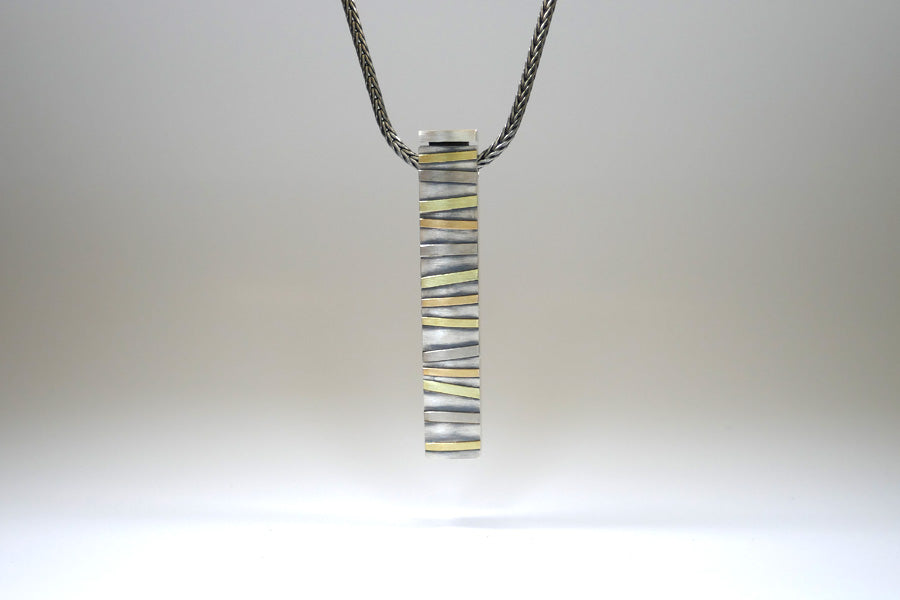 Long Box Shaped Silver & Striped 18ct Coloured Gold Necklace