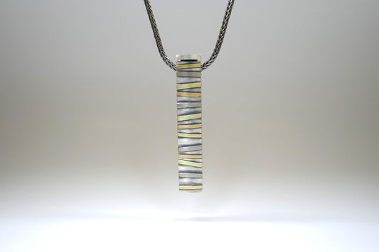 Long Box Shaped Silver & Striped 18ct Coloured Gold Necklace