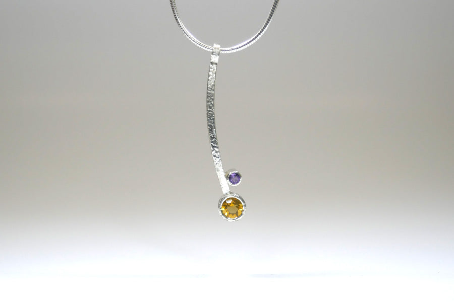 Curved Bar Design Silver Citrine & Amethyst Necklace