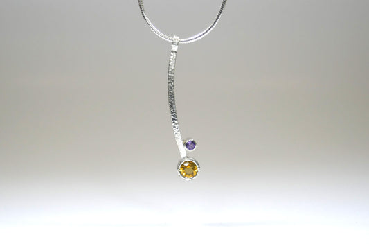 Curved Bar Design Silver Citrine & Amethyst Necklace