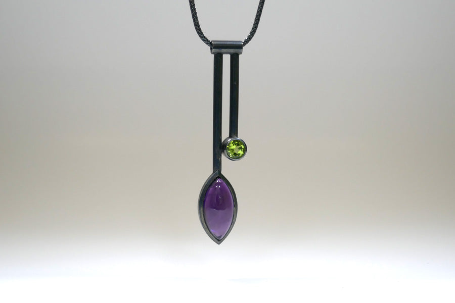 Two Bar Design Marquise Amethyst & Peridot Silver Necklace