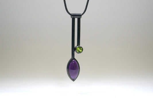 Two Bar Design Marquise Amethyst & Peridot Silver Necklace