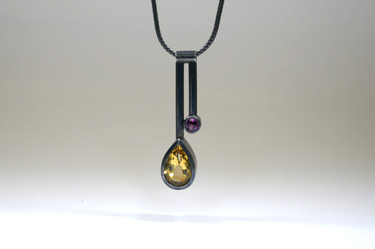 Two Bar Design Pear Citrine & Garnet Silver Necklace