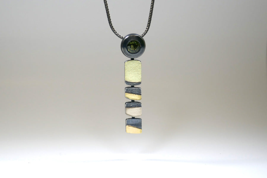 Green Tourmaline, Silver & 18ct Coloured Gold Column Necklace