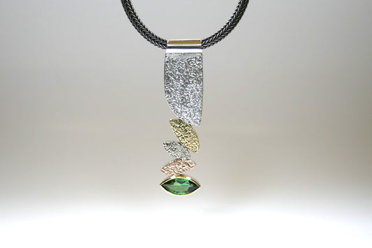 Marquise Design Green Tourmaline Silver & 18ct Coloured Gold Necklace