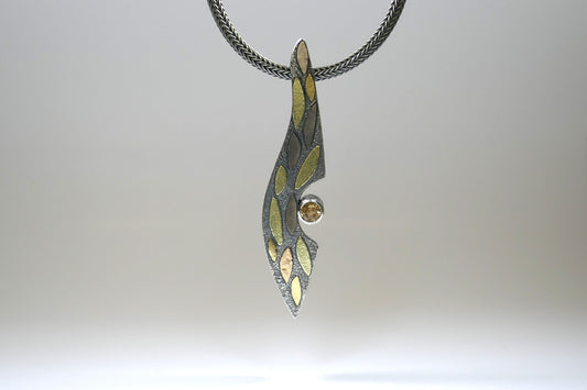 Leaf Design Yellow Topaz Silver & 18ct Multi-Coloured Gold Necklace