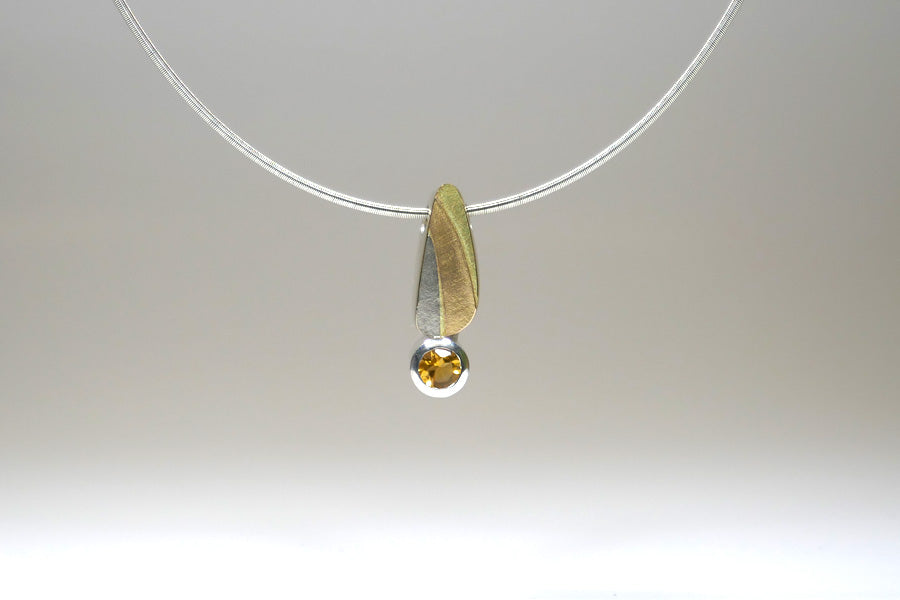 Citrine Leaf Design Silver & 18ct Gold Necklace